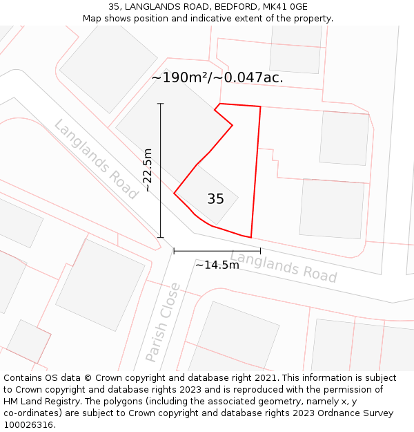 35, LANGLANDS ROAD, BEDFORD, MK41 0GE: Plot and title map