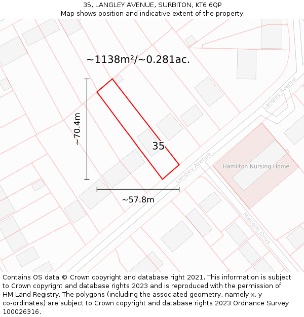 35, LANGLEY AVENUE, SURBITON, KT6 6QP: Plot and title map