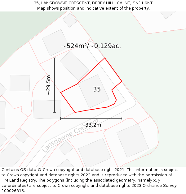 35, LANSDOWNE CRESCENT, DERRY HILL, CALNE, SN11 9NT: Plot and title map