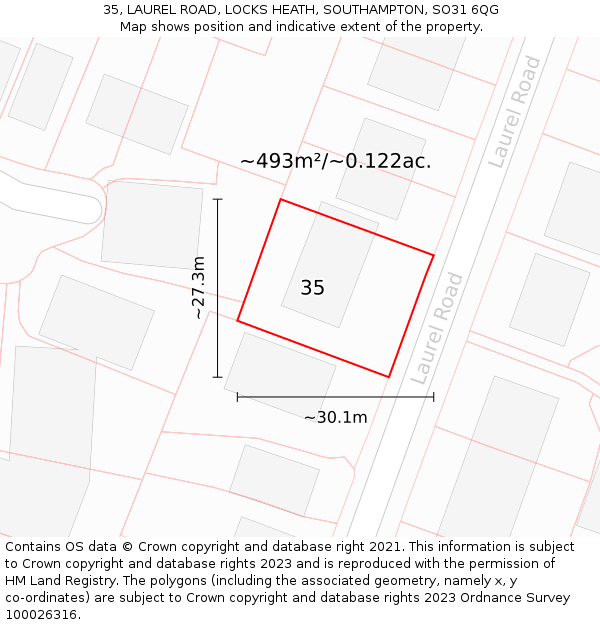 35, LAUREL ROAD, LOCKS HEATH, SOUTHAMPTON, SO31 6QG: Plot and title map