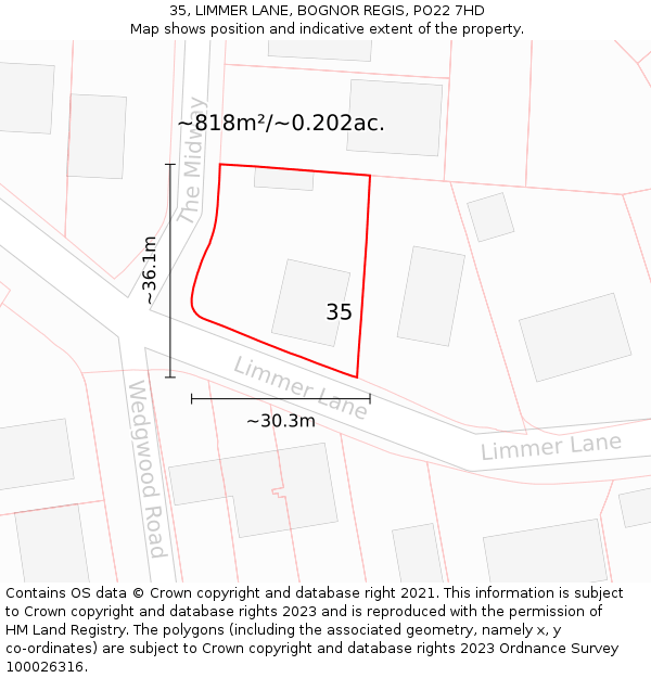 35, LIMMER LANE, BOGNOR REGIS, PO22 7HD: Plot and title map