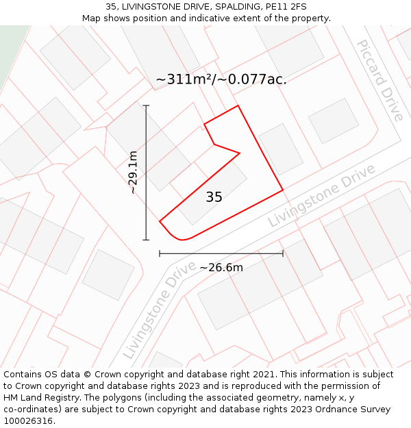 35, LIVINGSTONE DRIVE, SPALDING, PE11 2FS: Plot and title map