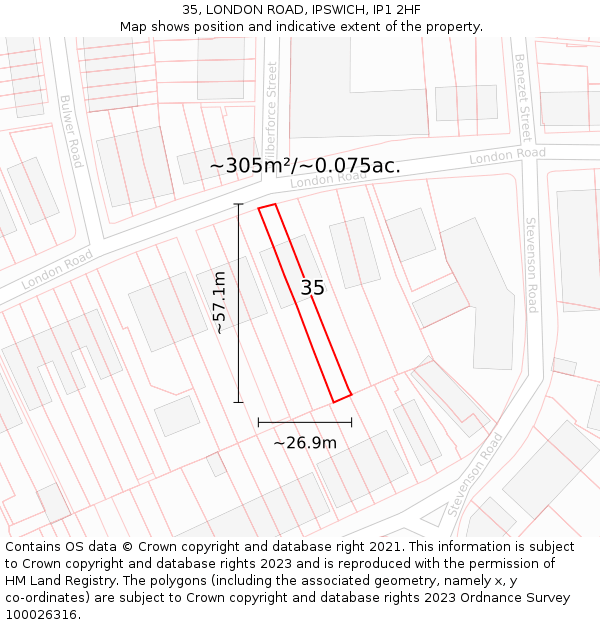 35, LONDON ROAD, IPSWICH, IP1 2HF: Plot and title map