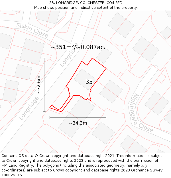 35, LONGRIDGE, COLCHESTER, CO4 3FD: Plot and title map