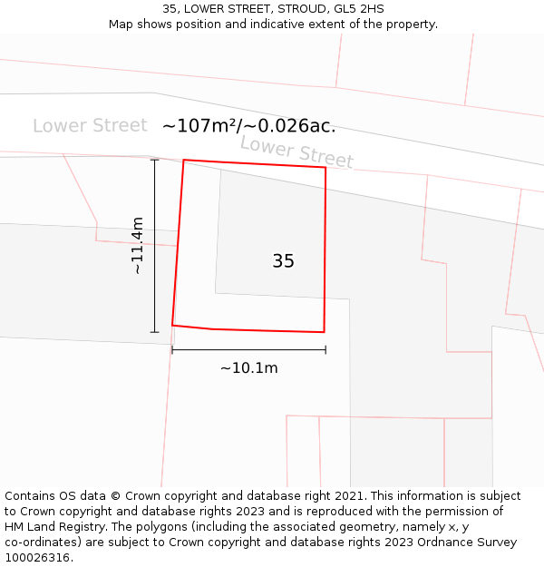 35, LOWER STREET, STROUD, GL5 2HS: Plot and title map