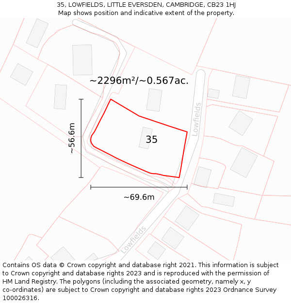 35, LOWFIELDS, LITTLE EVERSDEN, CAMBRIDGE, CB23 1HJ: Plot and title map