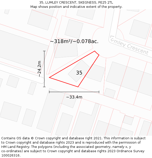 35, LUMLEY CRESCENT, SKEGNESS, PE25 2TL: Plot and title map