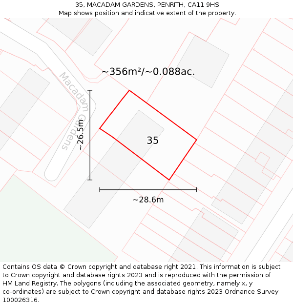 35, MACADAM GARDENS, PENRITH, CA11 9HS: Plot and title map