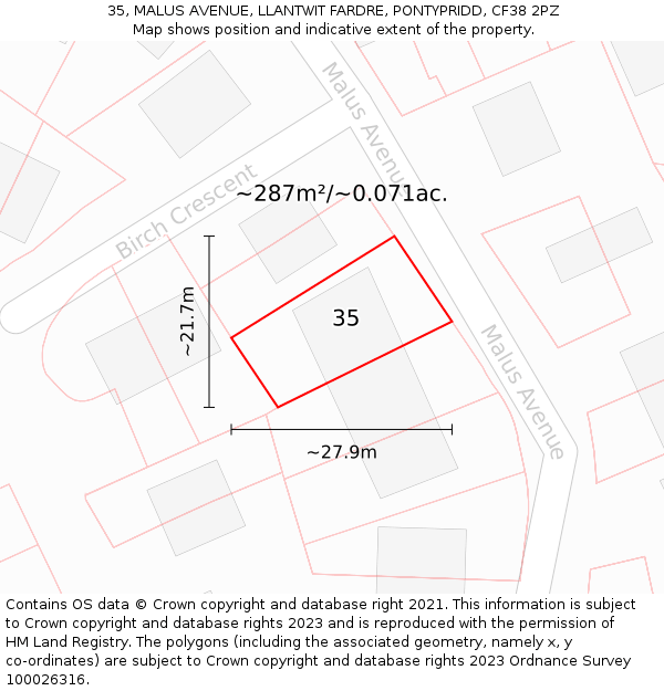 35, MALUS AVENUE, LLANTWIT FARDRE, PONTYPRIDD, CF38 2PZ: Plot and title map