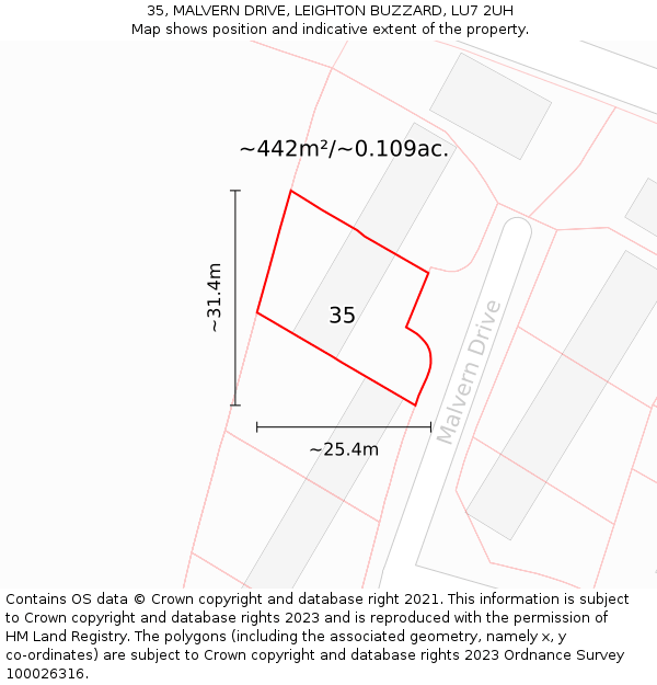 35, MALVERN DRIVE, LEIGHTON BUZZARD, LU7 2UH: Plot and title map