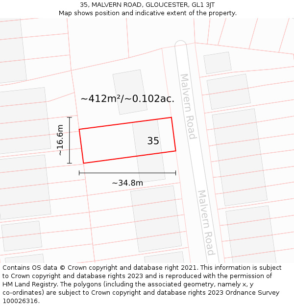 35, MALVERN ROAD, GLOUCESTER, GL1 3JT: Plot and title map