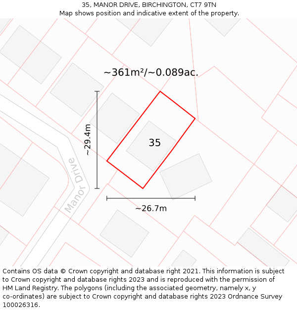 35, MANOR DRIVE, BIRCHINGTON, CT7 9TN: Plot and title map