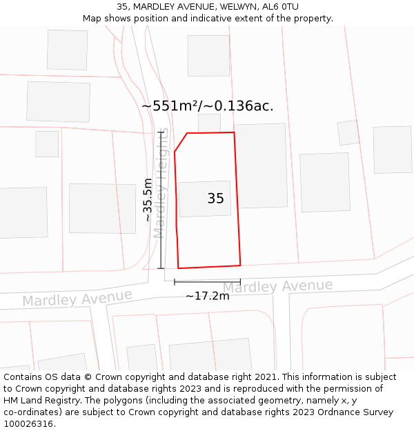 35, MARDLEY AVENUE, WELWYN, AL6 0TU: Plot and title map