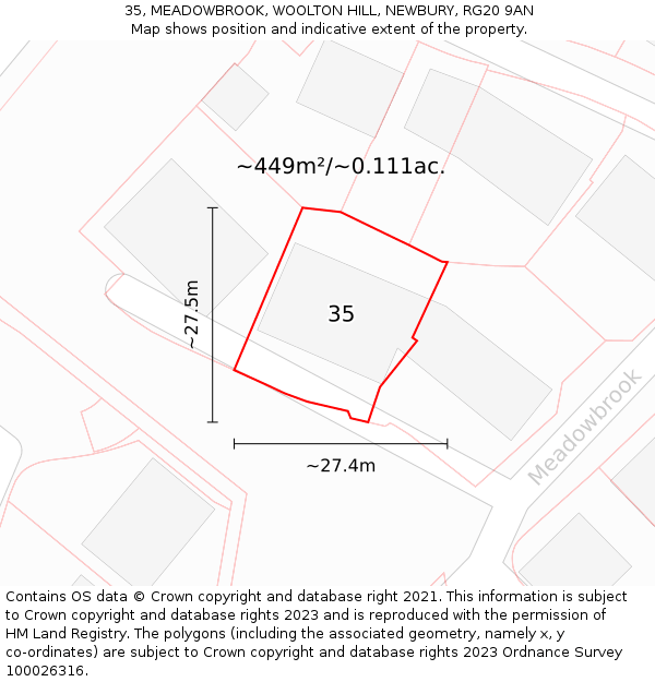 35, MEADOWBROOK, WOOLTON HILL, NEWBURY, RG20 9AN: Plot and title map