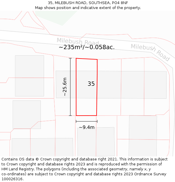 35, MILEBUSH ROAD, SOUTHSEA, PO4 8NF: Plot and title map