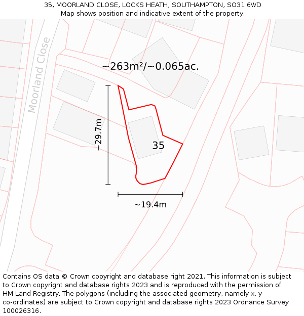 35, MOORLAND CLOSE, LOCKS HEATH, SOUTHAMPTON, SO31 6WD: Plot and title map