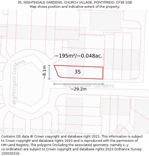 35, NIGHTINGALE GARDENS, CHURCH VILLAGE, PONTYPRIDD, CF38 1GB: Plot and title map