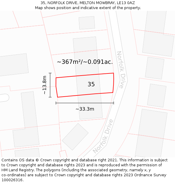 35, NORFOLK DRIVE, MELTON MOWBRAY, LE13 0AZ: Plot and title map