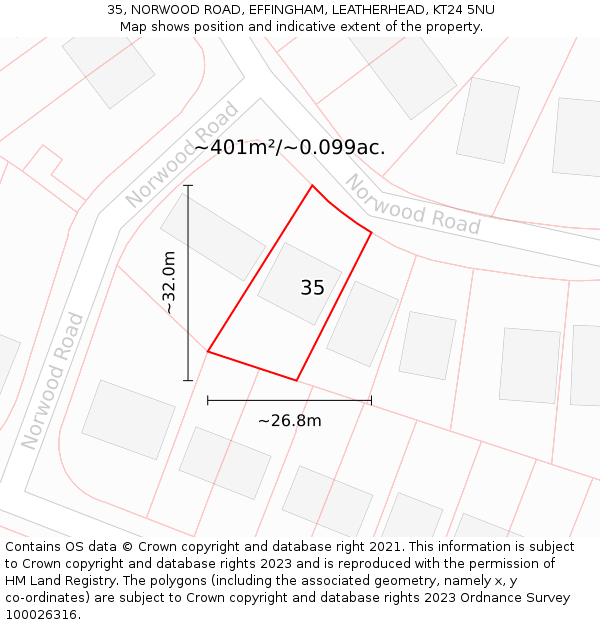 35, NORWOOD ROAD, EFFINGHAM, LEATHERHEAD, KT24 5NU: Plot and title map