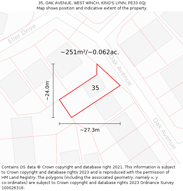 35, OAK AVENUE, WEST WINCH, KING'S LYNN, PE33 0QJ: Plot and title map