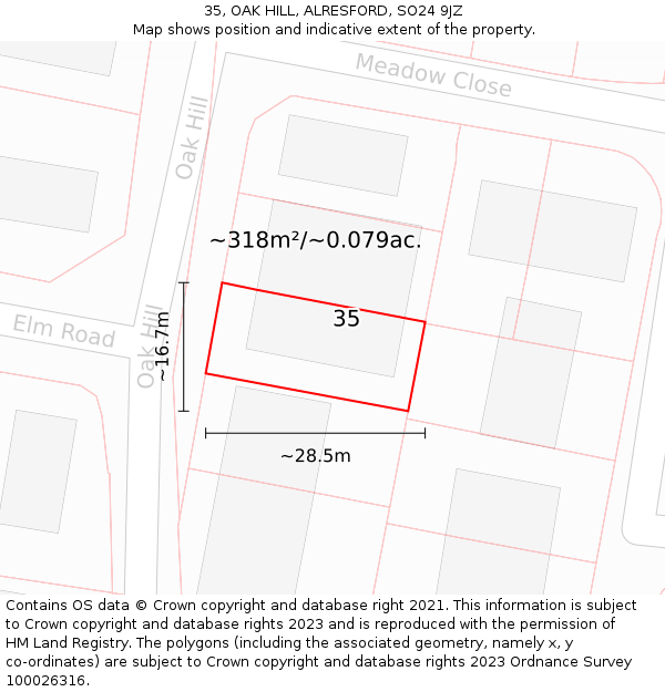 35, OAK HILL, ALRESFORD, SO24 9JZ: Plot and title map