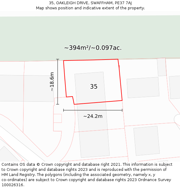 35, OAKLEIGH DRIVE, SWAFFHAM, PE37 7AJ: Plot and title map