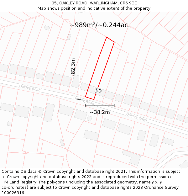 35, OAKLEY ROAD, WARLINGHAM, CR6 9BE: Plot and title map