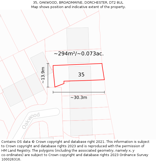 35, OAKWOOD, BROADMAYNE, DORCHESTER, DT2 8UL: Plot and title map