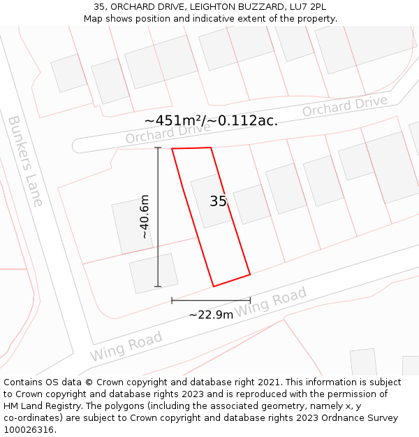 35, ORCHARD DRIVE, LEIGHTON BUZZARD, LU7 2PL: Plot and title map