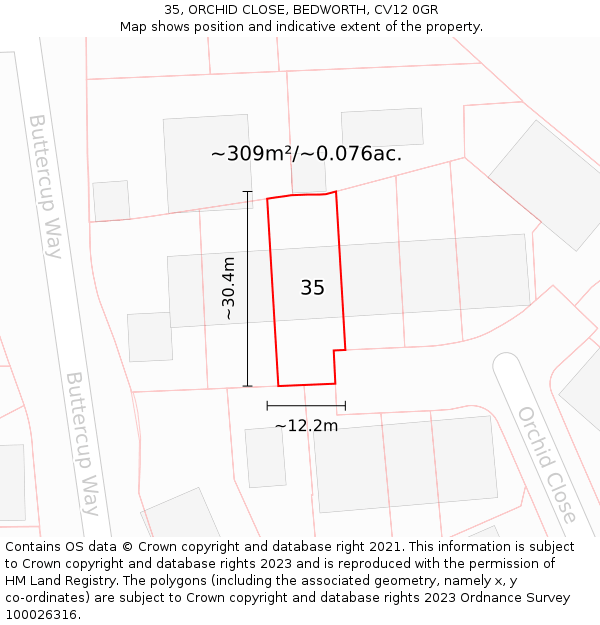 35, ORCHID CLOSE, BEDWORTH, CV12 0GR: Plot and title map