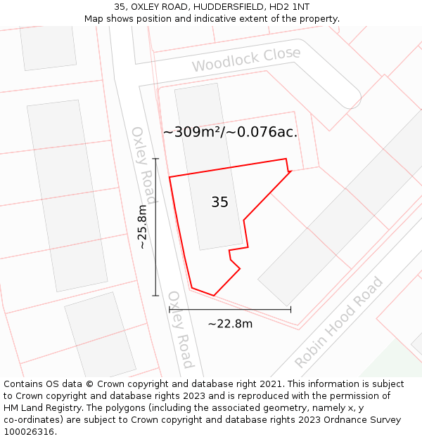 35, OXLEY ROAD, HUDDERSFIELD, HD2 1NT: Plot and title map