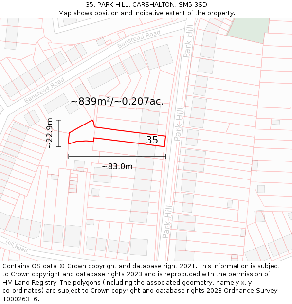 35, PARK HILL, CARSHALTON, SM5 3SD: Plot and title map