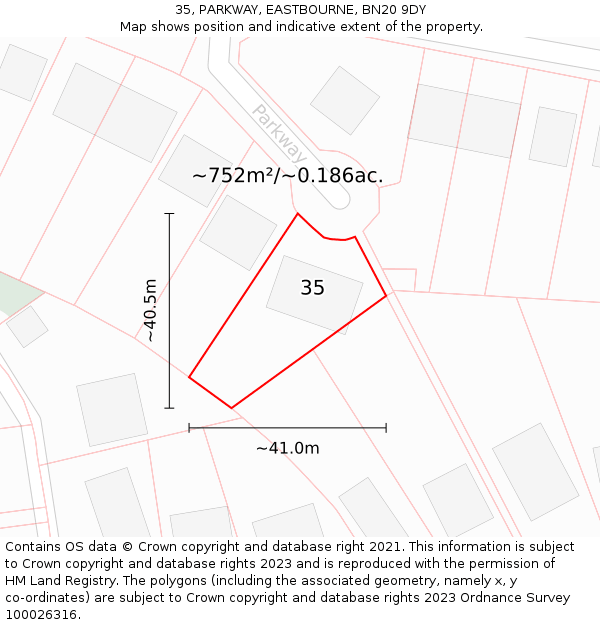 35, PARKWAY, EASTBOURNE, BN20 9DY: Plot and title map