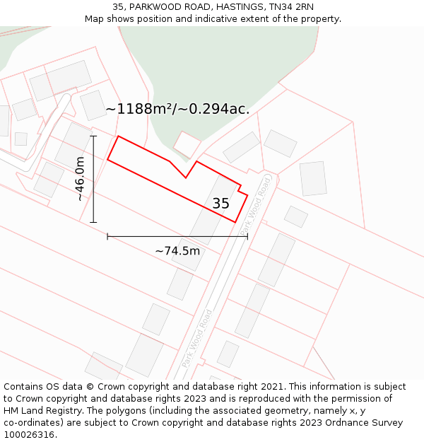 35, PARKWOOD ROAD, HASTINGS, TN34 2RN: Plot and title map