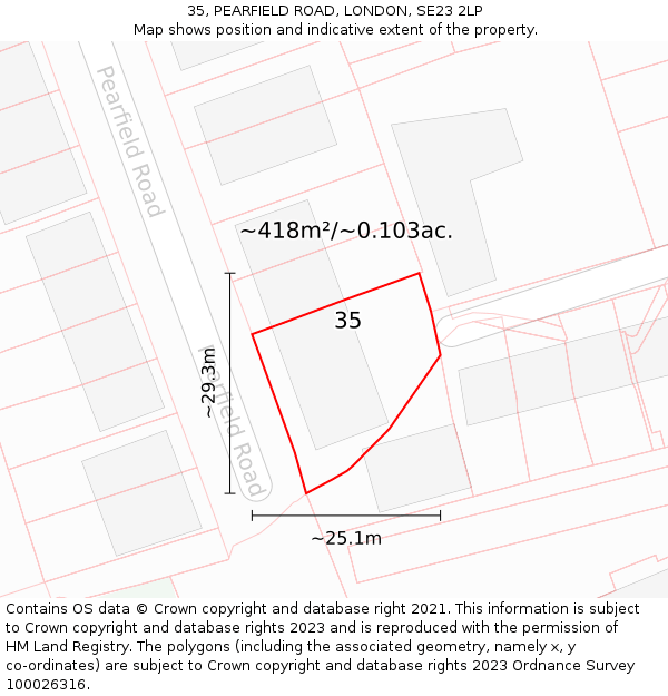 35, PEARFIELD ROAD, LONDON, SE23 2LP: Plot and title map