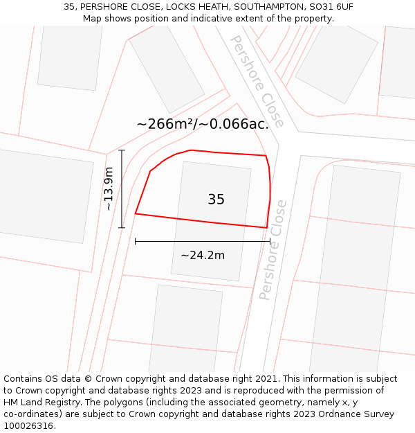 35, PERSHORE CLOSE, LOCKS HEATH, SOUTHAMPTON, SO31 6UF: Plot and title map