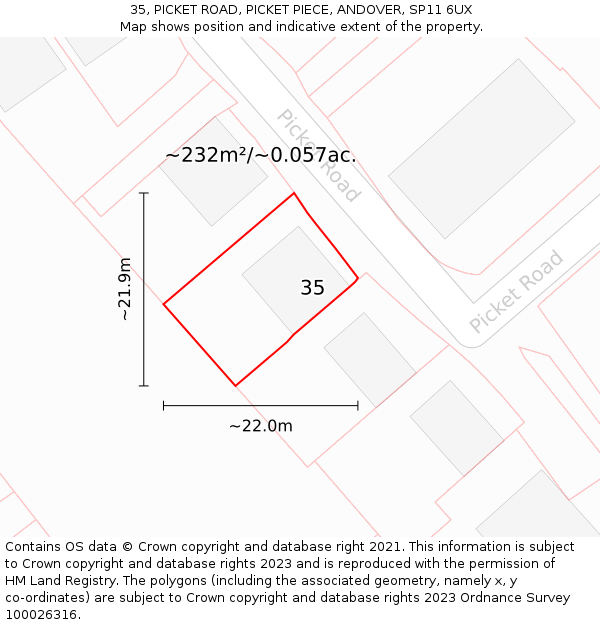 35, PICKET ROAD, PICKET PIECE, ANDOVER, SP11 6UX: Plot and title map