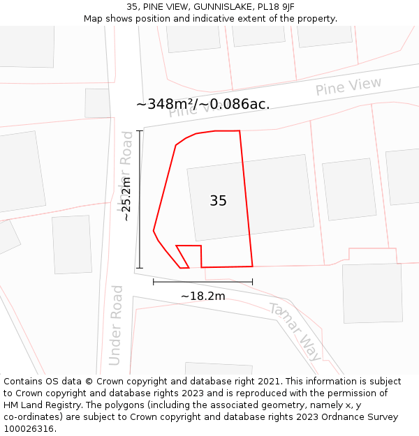 35, PINE VIEW, GUNNISLAKE, PL18 9JF: Plot and title map