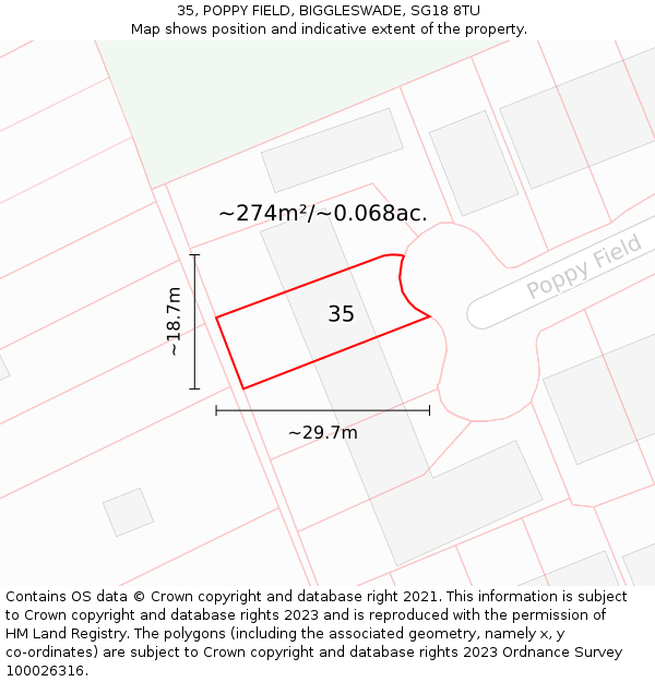 35, POPPY FIELD, BIGGLESWADE, SG18 8TU: Plot and title map