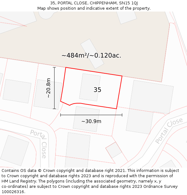 35, PORTAL CLOSE, CHIPPENHAM, SN15 1QJ: Plot and title map