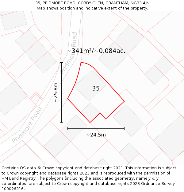 35, PRIDMORE ROAD, CORBY GLEN, GRANTHAM, NG33 4JN: Plot and title map