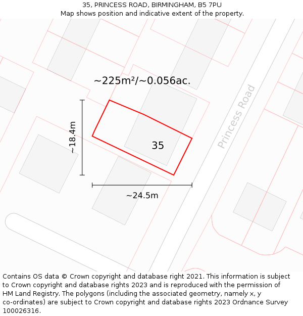 35, PRINCESS ROAD, BIRMINGHAM, B5 7PU: Plot and title map