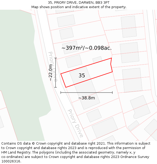 35, PRIORY DRIVE, DARWEN, BB3 3PT: Plot and title map