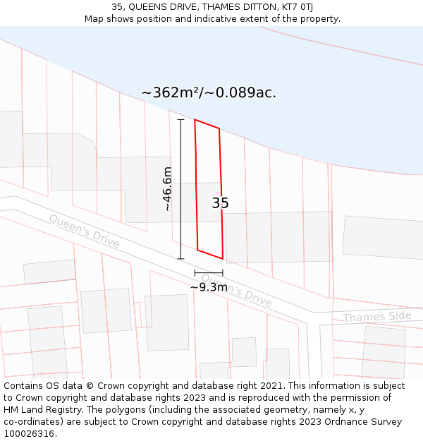 35, QUEENS DRIVE, THAMES DITTON, KT7 0TJ: Plot and title map