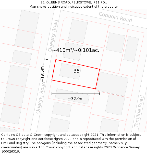 35, QUEENS ROAD, FELIXSTOWE, IP11 7QU: Plot and title map