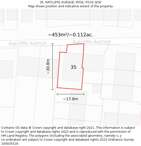 35, RATCLIFFE AVENUE, RYDE, PO33 3DW: Plot and title map