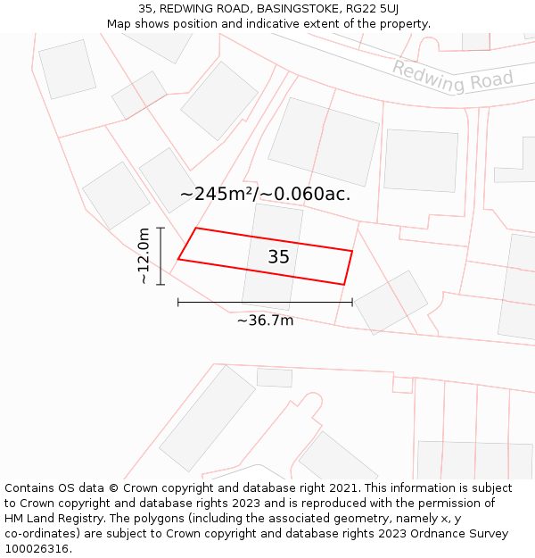 35, REDWING ROAD, BASINGSTOKE, RG22 5UJ: Plot and title map