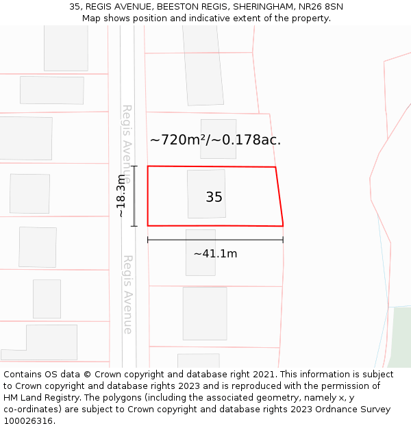 35, REGIS AVENUE, BEESTON REGIS, SHERINGHAM, NR26 8SN: Plot and title map