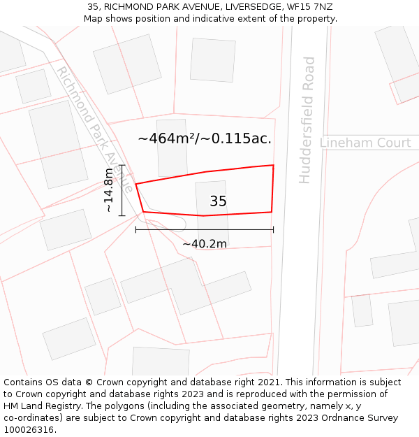 35, RICHMOND PARK AVENUE, LIVERSEDGE, WF15 7NZ: Plot and title map