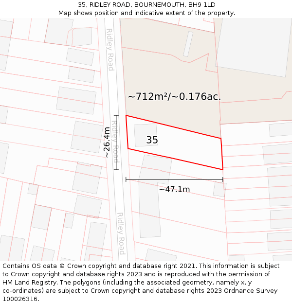 35, RIDLEY ROAD, BOURNEMOUTH, BH9 1LD: Plot and title map
